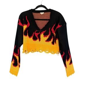 Love Sense Sweater Womens Medium Black Flame Cropped Distressed Hem Pullover